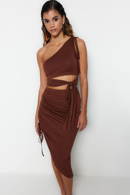 Plaj Giyim Kahverengi Orme Buzgulu Tek Omuz Bluz-Etek Tak?m TBESS22AU0224 - Trendyolmilla фото 2