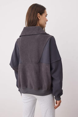 Antrasit Regular/Normal Kal?p Polar Fermuarl? Cep Detayl? Kal?n Orme Sweatshirt TWOAW26SW00009 - Trendyolmilla фото 4