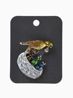 Брошь «Птица с  птенцами» гнездо, цветная в серебре