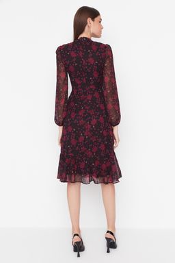 Pembe Cicekli A Kesim Dik Yaka Midi Astarl? Sifon Dokuma K?sl?k Elbise TWOAW20EL1313