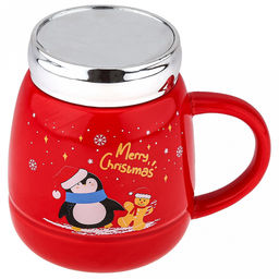 Новый год Кружка фарфоровая Зазеркалье 500мл, д9,8см h11,5см, глянцевая глазурь, с деколью, цвет - красный, пластмассовая, винтовая крышка, герметичная, с силиконовым уплотнителем, д/горла 6см, д/основания 7см, в подарочной коробке (Китай) - Домашняя мода фото 2
