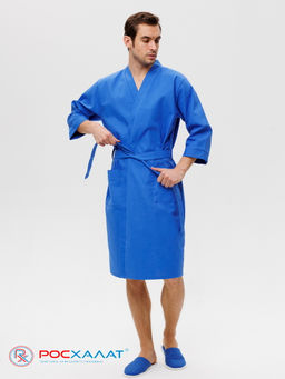 Мужской укороченный вафельный халат с планкой синий В-05 (16)