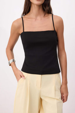 Siyah Fitted/Vucuda Oturan Straplez Ince Ask?l? Kolsuz Pamuk Ribana Orme Atlet TWOSS26AL00033