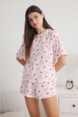 Trendyolmilla Ac?k Pembe %100 Pamuklu Kurdele/Fiyonk Desenli Sortlu Orme Pijama Tak?m? THMSS25PT00160  фото 2