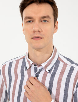 Рубашка узкого кроя с длинным рукавом из смесового льна темно-синего цвета - Cacharel фото 2