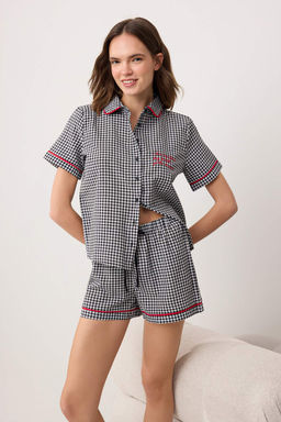 Siyah Bask?l? Shally Dokuma Pijama Tak?m? THMSS26PT00185