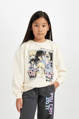 Толстовка оверсайз с широким кроем и круглым вырезом для девочек цвета экрю с принтом - Defacto фото 3