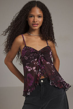 Trendyolmilla Bordo Cicekli Pencere Detayl? ve F?rf?rl? Regular/Normal Kal?p Orme Bluz TWOSS25BZ00382