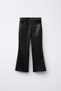 STUDDED LEATHER EFFECT FLARE TROUSERS