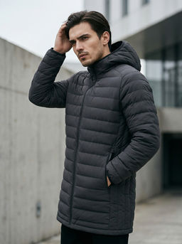 Куртка мужская удлинённая стёганая с капюшоном и графеновой подкладкой утеплитель тинсулейт