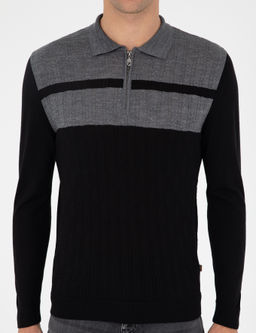 Черный трикотажный свитер приталенного кроя с воротником-поло и молнией - Cacharel фото 6