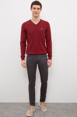 U. S. Polo Assn / Мужской бордовый красный трикотажный свитер с v-образным вырезом Basic - U.s. polo assn фото 4