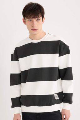 Boxy Fit Bisiklet Yaka Cizgili Sweatshirt - Defacto фото 3