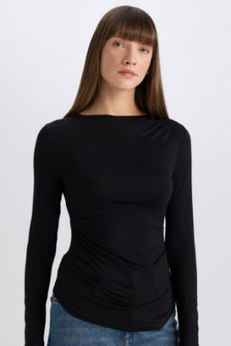 Slim Fit Dar Kesim Bisiklet Yaka Basic Duz Soft Touch Uzun Kollu Tisort