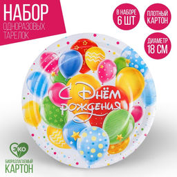 Тарелка бумажная С днём рождения. Шары, 18 см, в наборе 6 шт.