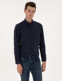 Lacivert Flanel Dokulu Slim Fit Uzun Kollu G_mlek