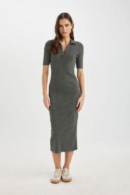 Bodycon Vucudu Saran Polo Yaka Y?kamal? Fitilli Kaskorse K?sa Kollu Midi Elbise
