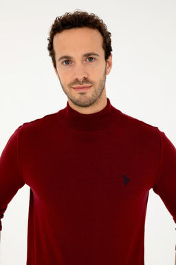 Erkek Slim Fit Yar_m Bo_azl_ Bordo Basic Kazak