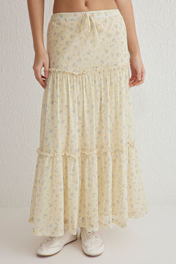 Ac?k Sar? Tul Cicek bask?l? Buzgu/Drape Detayl? Esnek Etek TWOSS25ET00064