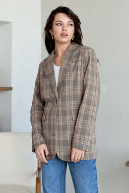 Песочный жакет клетка в стиле оверсайз