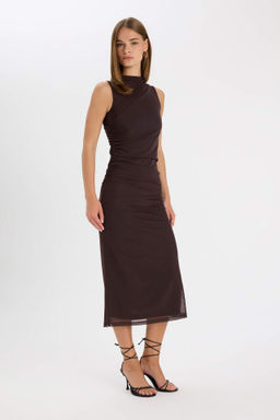 Bodycon Vucudu Saran Yar?m Bal?kc? Yaka Basic Duz Tul Kolsuz Maxi Siyah Elbise - Defacto фото 5