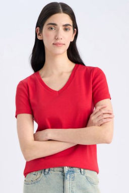 Slim Fit Dar Kesim V Yaka Basic Duz Ribana K?sa Kollu Tisort