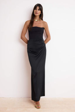 Siyah Straplez Dokuma Uzun S?k Mezuniyet/Balo Abiye Gece Mezuniyet Elbisesi TPRAW25EL00195