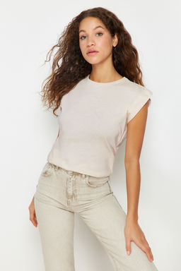 Bej %100 Pamuk Vatka Gorunumlu Basic Bisiklet Yaka Orme T-Shirt TWOSS20TS0021