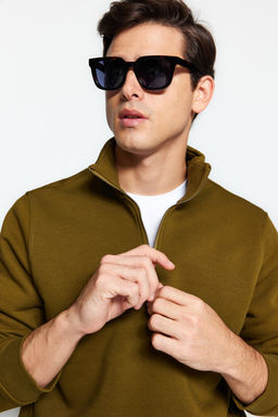 Yesil Regular/Normal Kesim Dik Yaka Fermuarl? Pamuklu Basic Ici Polarl? Sweatshirt TMNAW24SW00041