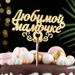 Цена за 5 шт. Топпер для торта деревянный «Любимой мамочке», золотой, 14.3×8.2 см