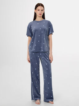 Комплект домашний женский велюровый синий с принтом в сердечко
