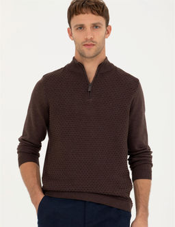 Kahverengi Slim Fit Fermuarl_ Dik Yaka Triko Kazak - Pierre cardin фото 3