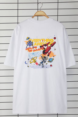 Trendyolmilla Man Beyaz Buyuk Beden Oversize/Genis Kesim On ve S?rt Uzay Bask?l? %100 Pamuk T-Shirt TMNSS25BF00012  фото 3