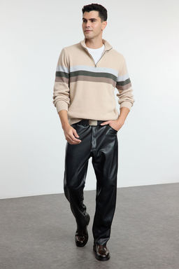 Bej Regular Pamuklu Yar?m Bal?kc? Yaka Renk Bloklu Triko Kazak TMNAW25KZ00013 - Trendyolmilla фото 2