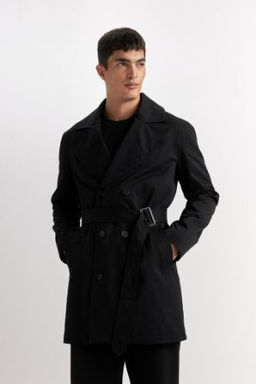 Slim Fit Dar Kesim Dugmeli Kemerli Trenckot