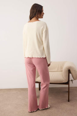 Ekru-Pembe Kalp Nak?sl? Baby Overloklu Fitilli K?sl?k Orme Pijama Tak?m? THMAW26PT00132 - Trendyolmilla фото 4