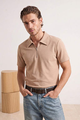 Camel Regular/Rahat Fermuarl_ Dokulu Kuma_ _rme Polo Yaka T-shirt TMNSS26PO00045