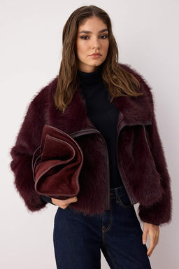 Bordo Oversize Kal?p Kurk Biker Ceket Mont TWOAW26MO00058 - Trendyolmilla фото 2