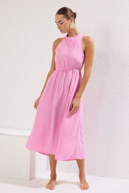 Plaj Giyim Pembe Dokuma S?rt Dekolteli Maxi Elbise TBESS25EL00070