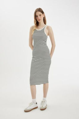 Bodycon Halter Yaka Cizgili Fitilli Kaskorse Kolsuz Midi Elbise