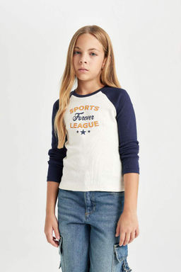 Укороченная футболка с длинными рукавами и круглым вырезом для девочек в рубчик с принтом