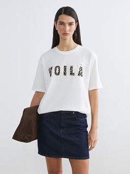 Bisiklet Yaka Bask?l? Oversize Kad?n Ti??rt