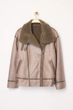 Vizon Regular Kal?p Yakas? Kemer Detayl? Peluslu Suet Biker Ceket Mont TWOAW25MO00011 - Trendyolmilla фото 8