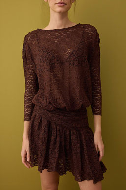 Kahverengi Boho Orme Dantel K?sa / Mini Elbise TPRAW26EL00046