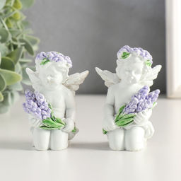 Цена за 2 шт. Фигурка полистоун «Белоснежный ангелок с лавандой, в венке из лаванды», 7.2×4.8×4 см, МИКС