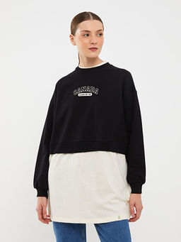 Bisiklet Yaka Bask?l? Uzun Kollu Oversize Kad?n Sweatshirt Tunik