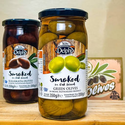 Оливки зеленые копчёные на дубовых опилках в рассоле Delphi, Греция, ст.банка, 350г