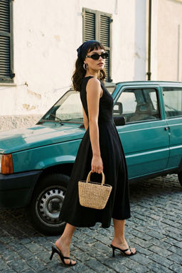 Siyah Belden Ac?lan Pileli Astarl? Midi Dokuma Elbise TWOSS20EL0980