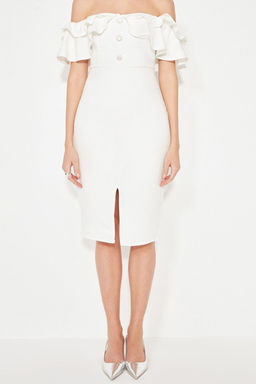 Bridal Ekru Astarl? Volanl? Dokuma Abiye Gece Elbise TPRSS21EL1403 - Trendyolmilla фото 7