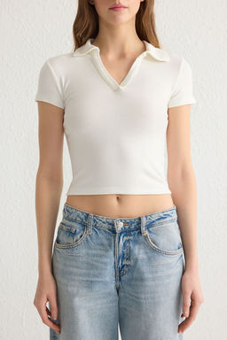 Trendyolmilla Siyah Duz Fitted/Vucuda Oturan Polo Yaka Orme Bluz TWOSS25BZ00003  фото 19